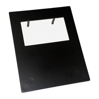 Universal bill acceptor mounting bracket, wide opening style, front view of the galvanized steel plate