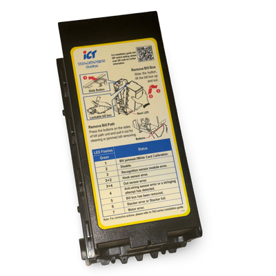 ICT TAO-A/V ST2 200 note cashbox, angled view showing the yellow ICT instruction label and metal side rail