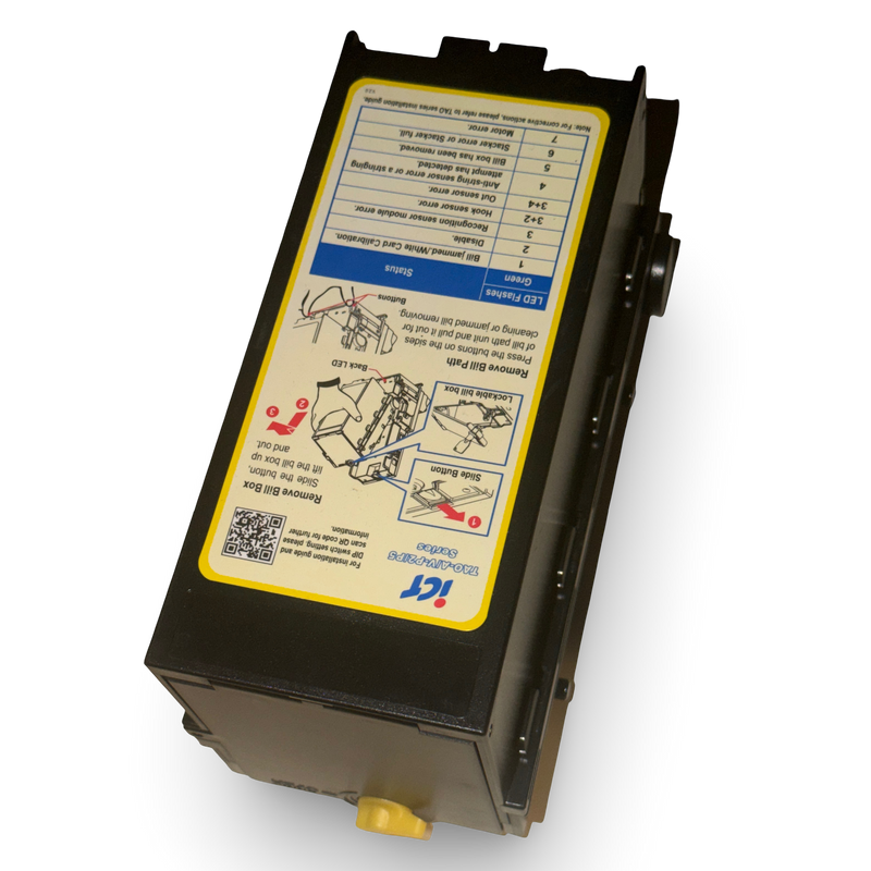 ICT TAO-A/V ST2 200 note cashbox, angled view showing the yellow twist knob release