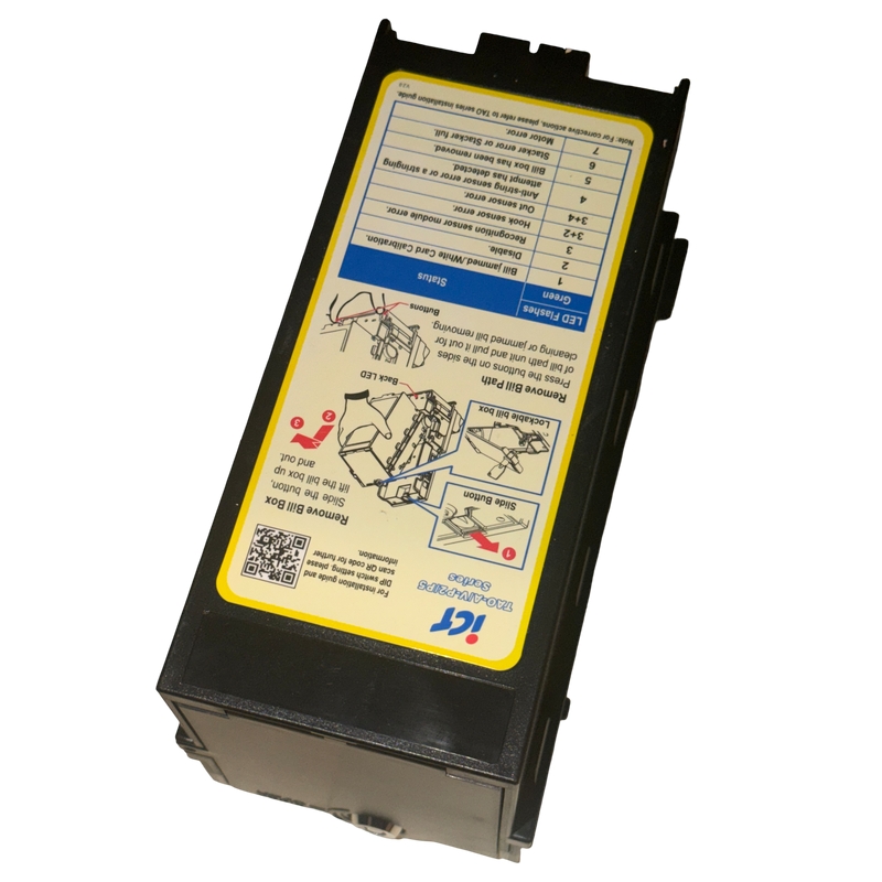 ICT TAO2A/V SS2 TAO II 200 note cashbox, lock style, angled view showing the label and rear housing