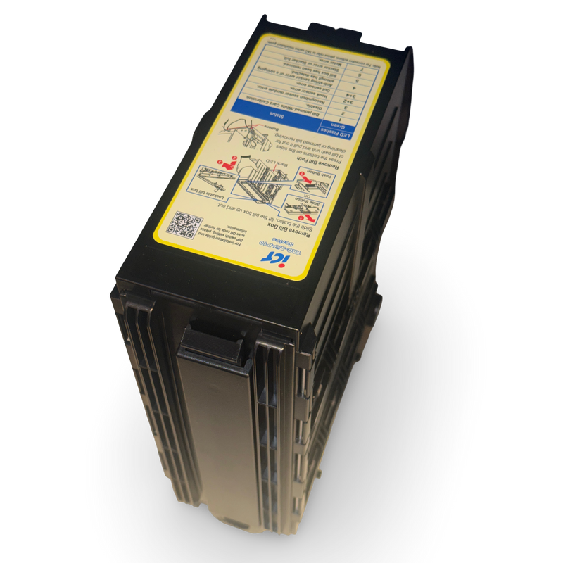 ICT TAO-A/V SSA 1000 note locking cashbox, end view showing the ribbed rear housing and mounting slots