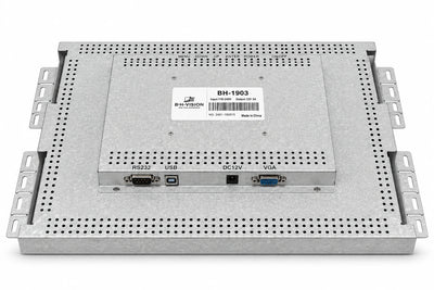 19" BH Vision BH-1903 touch monitor back view showing RS232, USB, DC 12V and VGA ports