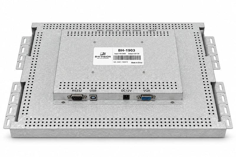 19" BH Vision BH-1903 touch monitor back view showing RS232, USB, DC 12V and VGA ports