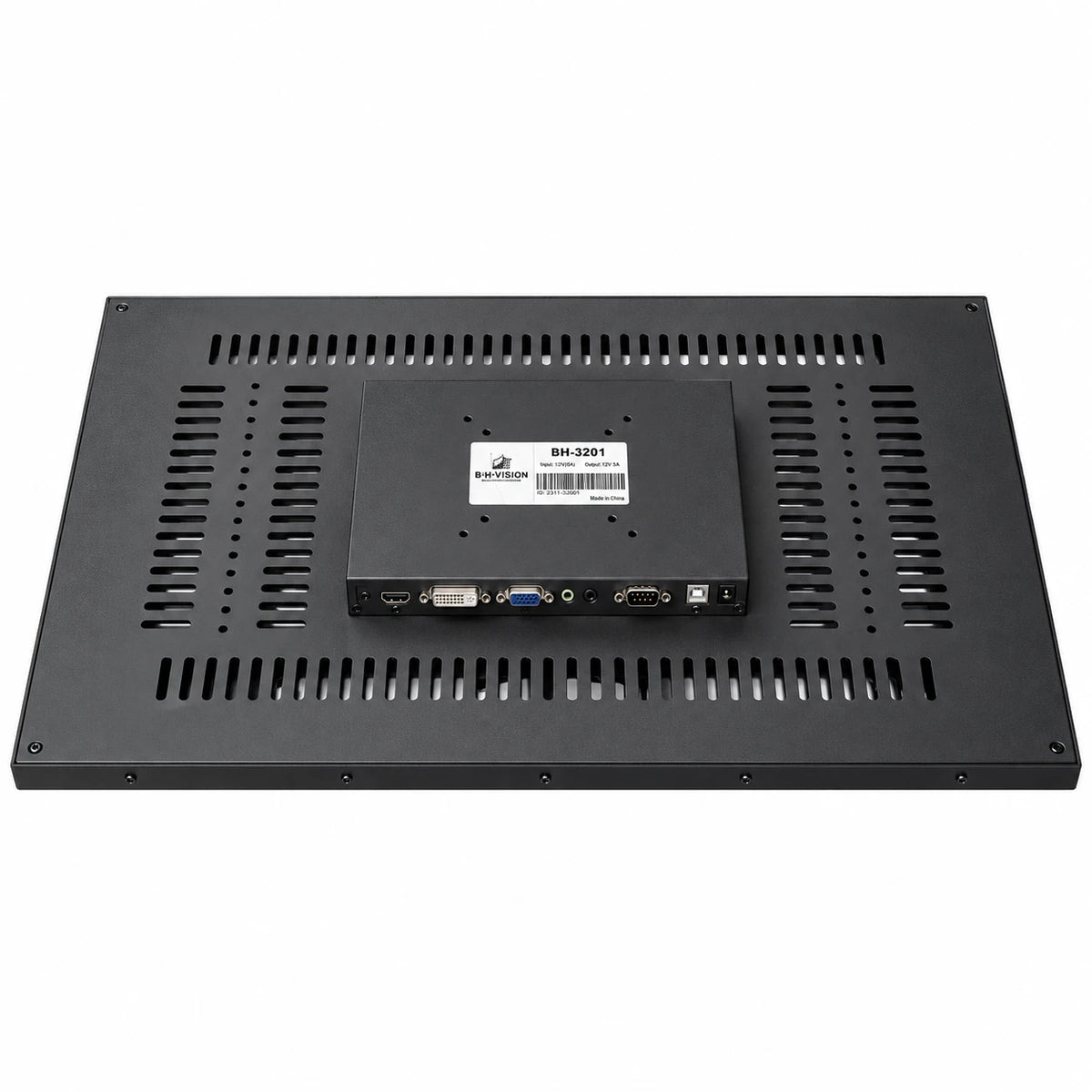 32" BH Vision BH-3201 monitor back view showing HDMI, DVI, VGA, audio, RS232, USB and DC 12V ports