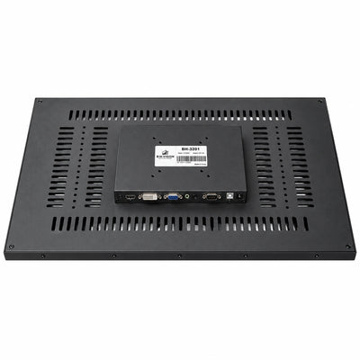 32" BH Vision BH-3201 monitor back view showing HDMI, DVI, VGA, audio, RS232, USB and DC 12V ports