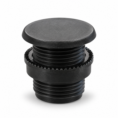 Black round flat-top button cap with threaded body and knurled locking ring