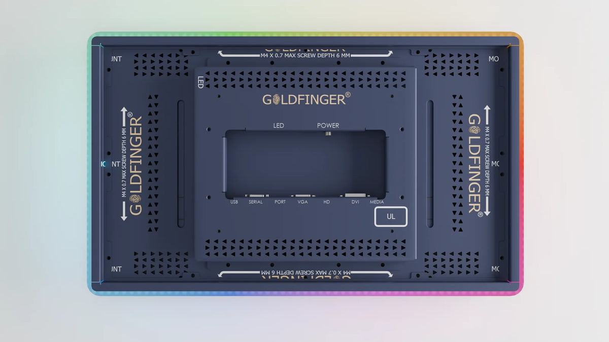 Goldfinger rear-firing LED kit shown installed on a monitor, straight rear view; monitor not included