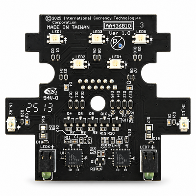 ICT AA436B## A6E / V6E sensor board, black circuit board with five surface-mount LEDs, two green LEDs, IN_L2/IN_R2 edge sensors and two TLC5923 LED driver chips