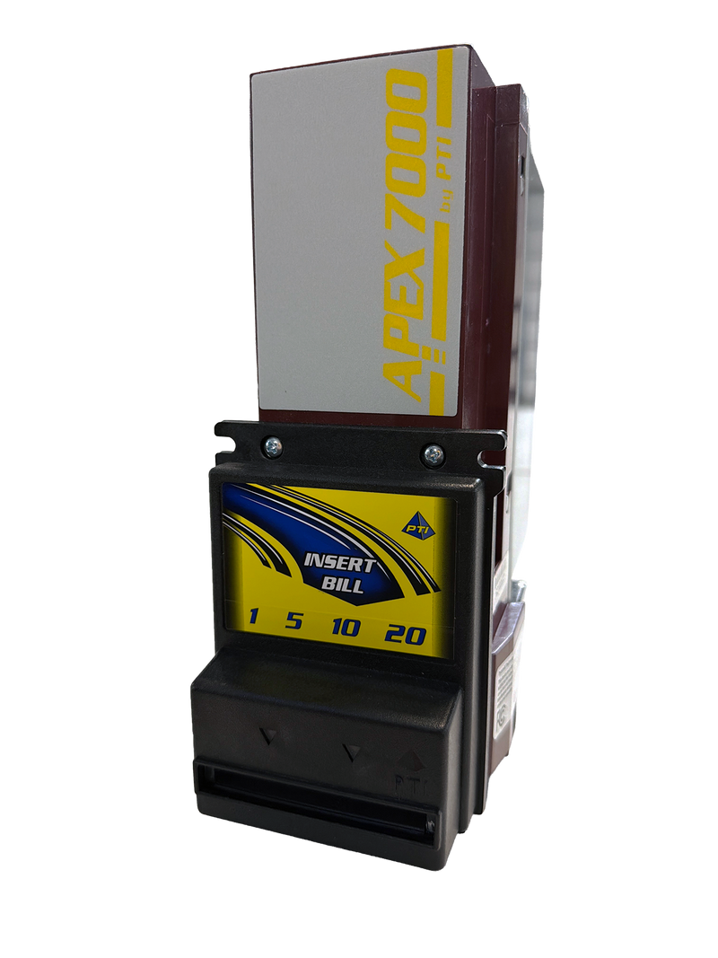 Pyramid Apex 7400 bill acceptor with 700-note cashbox and $1-$20 bezel decal (representative image for 7400-U73)