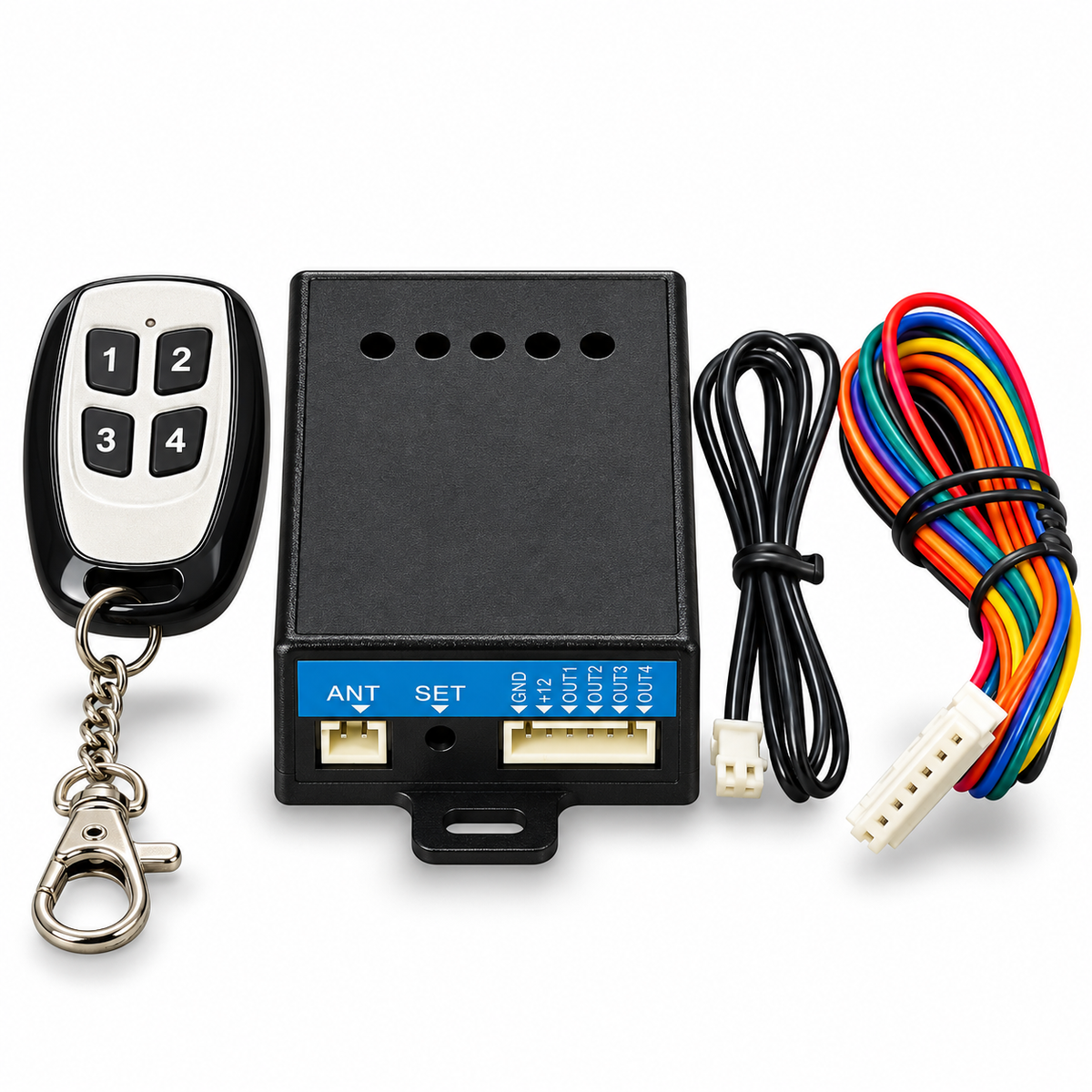 Wireless remote knockoff with 4-button keychain fob and receiver box with wire harness