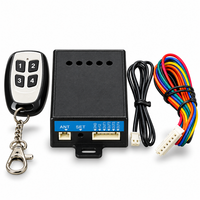 Wireless remote knockoff with 4-button keychain fob and receiver box with wire harness