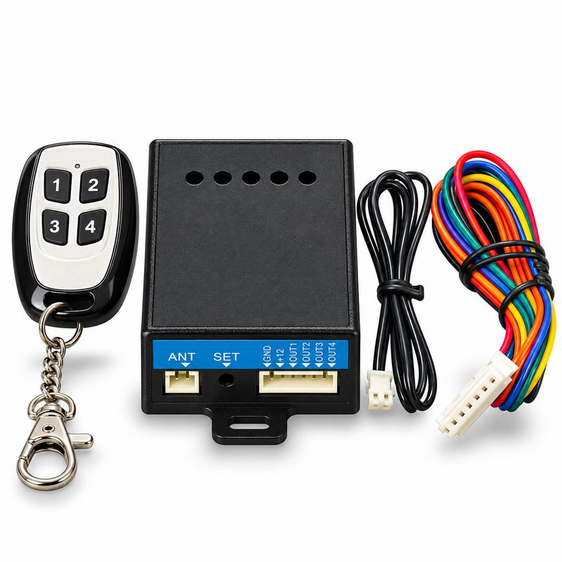 Wireless remote knockoff with 4-button keychain fob and receiver box with wire harness