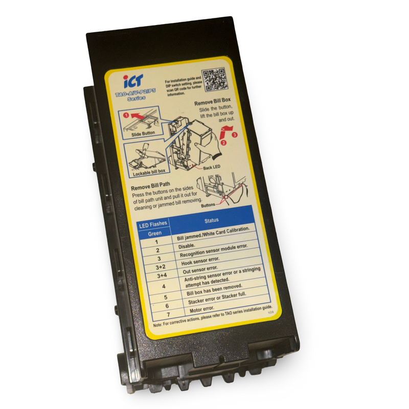 ICT TAO-A/V ST2 200 note cashbox, angled view showing the yellow ICT instruction label and metal side rail