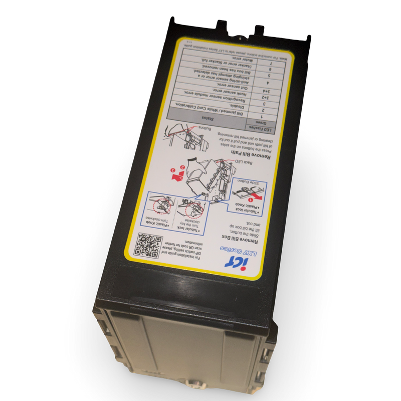 ICT LX7-SS6 600 note cashbox, angled view showing the yellow ICT instruction label on the top panel