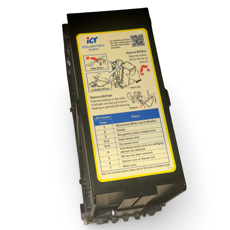 ICT TAO2A/V ST5 TAO-A/V II 500 note cashbox, angled view with the yellow ICT instruction label