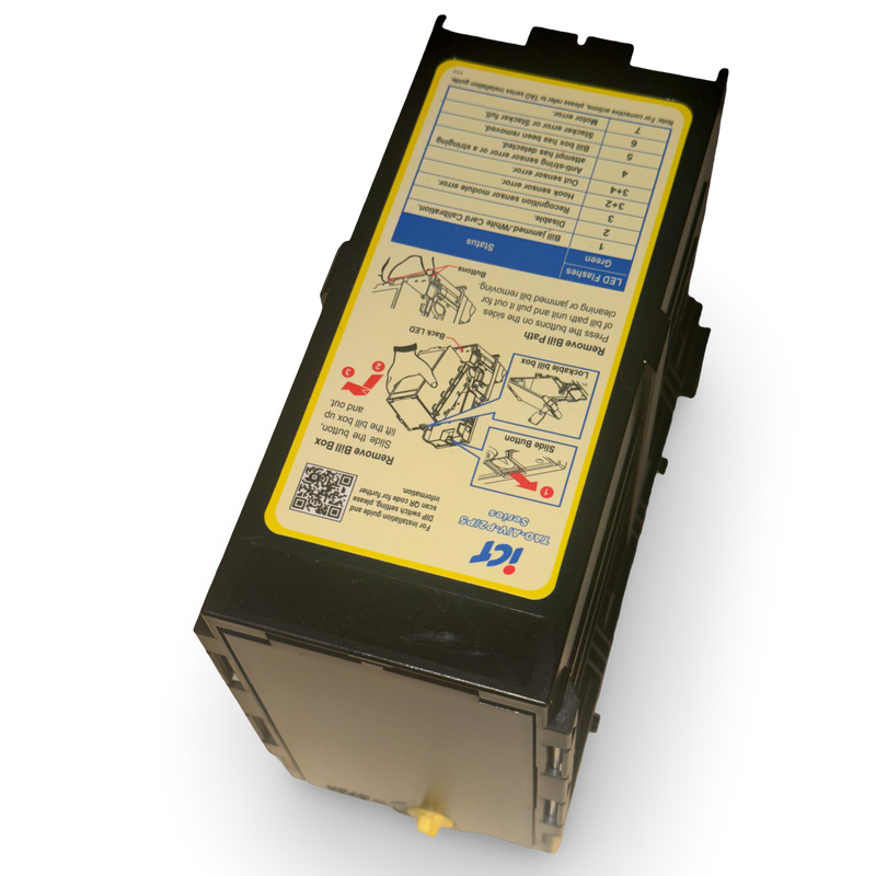 ICT TAO2A/V ST5 TAO-A/V II 500 note cashbox, angled view showing the yellow twist knob release