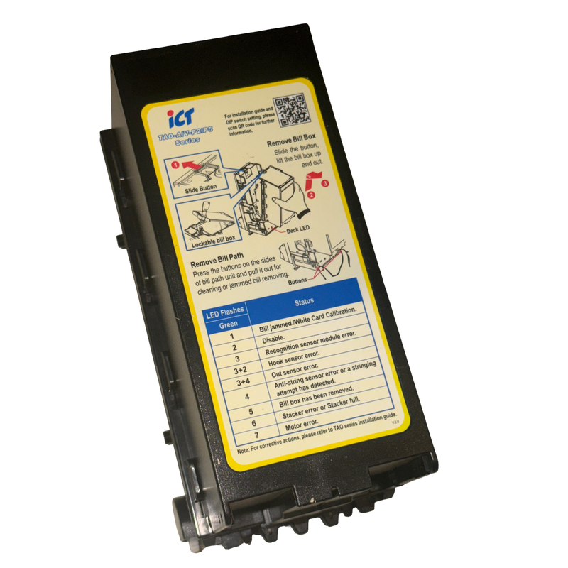 ICT TAO2A/V SS2 TAO II 200 note cashbox, lock style, angled view with the yellow ICT instruction label