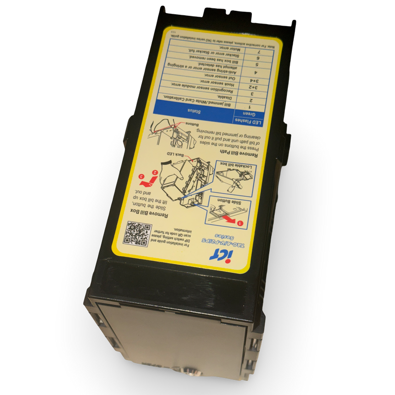 ICT TAO-A/V SS5 500 note locking cashbox, angled view showing the instruction label and side rails