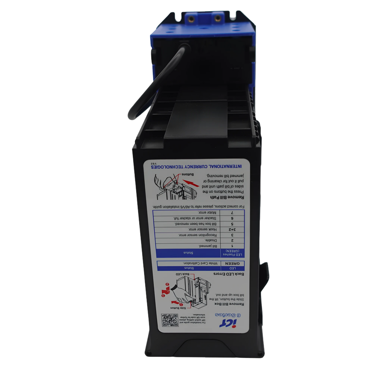 ICT A6E-28NCP-USD4-II Bill Acceptor 12V 800 Stacker USD Downstack Bezel back view
