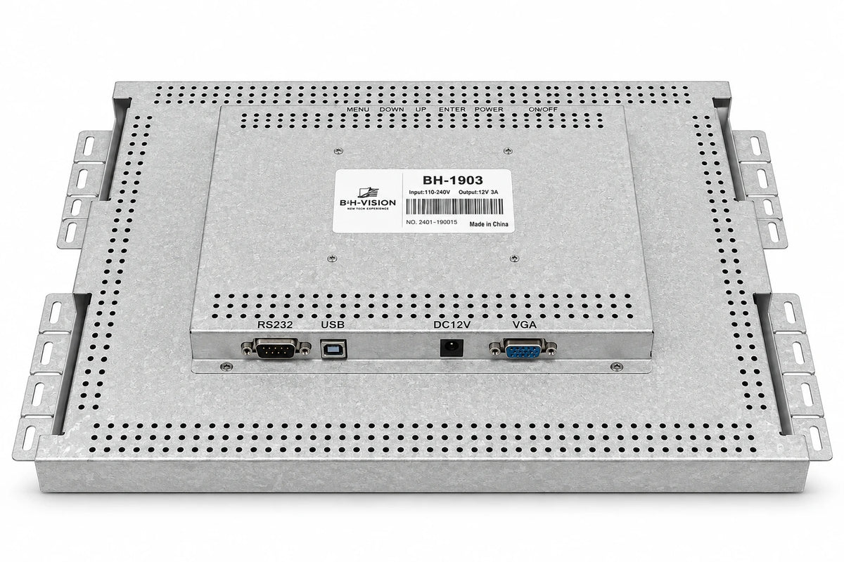 19" BH Vision BH-1903 touch monitor back view showing RS232, USB, DC 12V and VGA ports