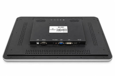 22" BH Vision BH-2201 LED monitor back view showing USB, RS232, audio, VGA, DVI, HDMI and DC 12V ports