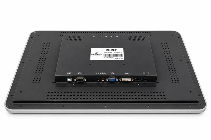 22" BH Vision BH-2201 LED monitor back view showing USB, RS232, audio, VGA, DVI, HDMI and DC 12V ports