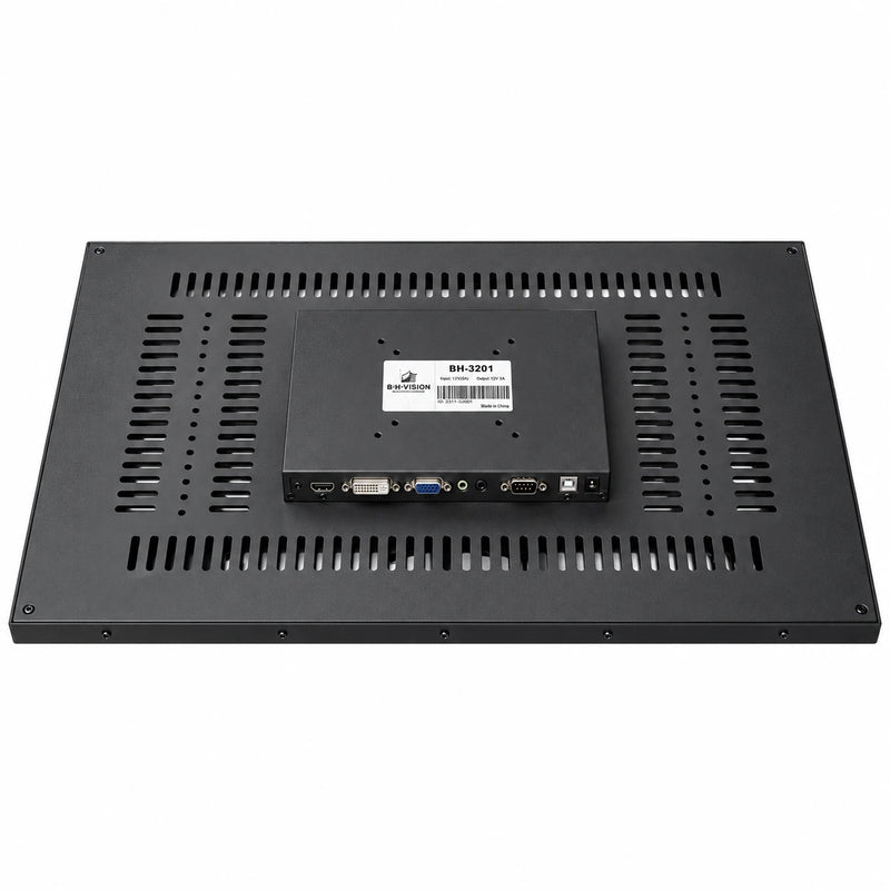 32" BH Vision BH-3201 monitor back view showing HDMI, DVI, VGA, audio, RS232, USB and DC 12V ports