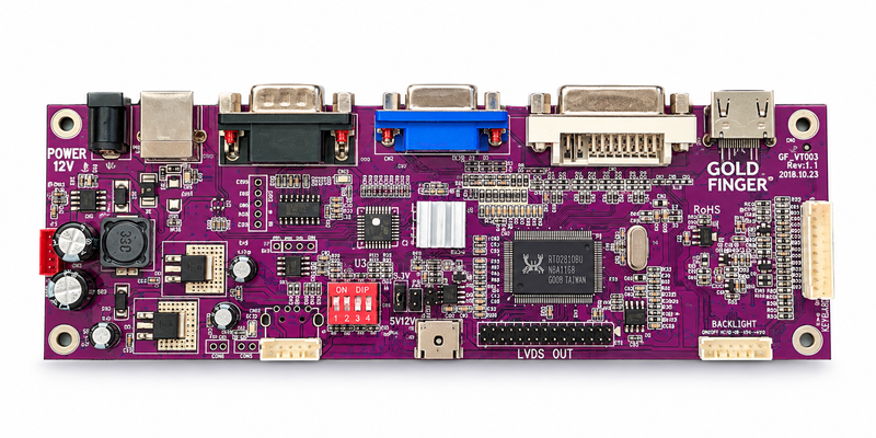 Goldfinger GF_VT003 Rev 1.1 12V AD controller board with Power 12V, USB-B, DB9, VGA, DVI, HDMI, LVDS, DIP switch and 5V/12V jumper
