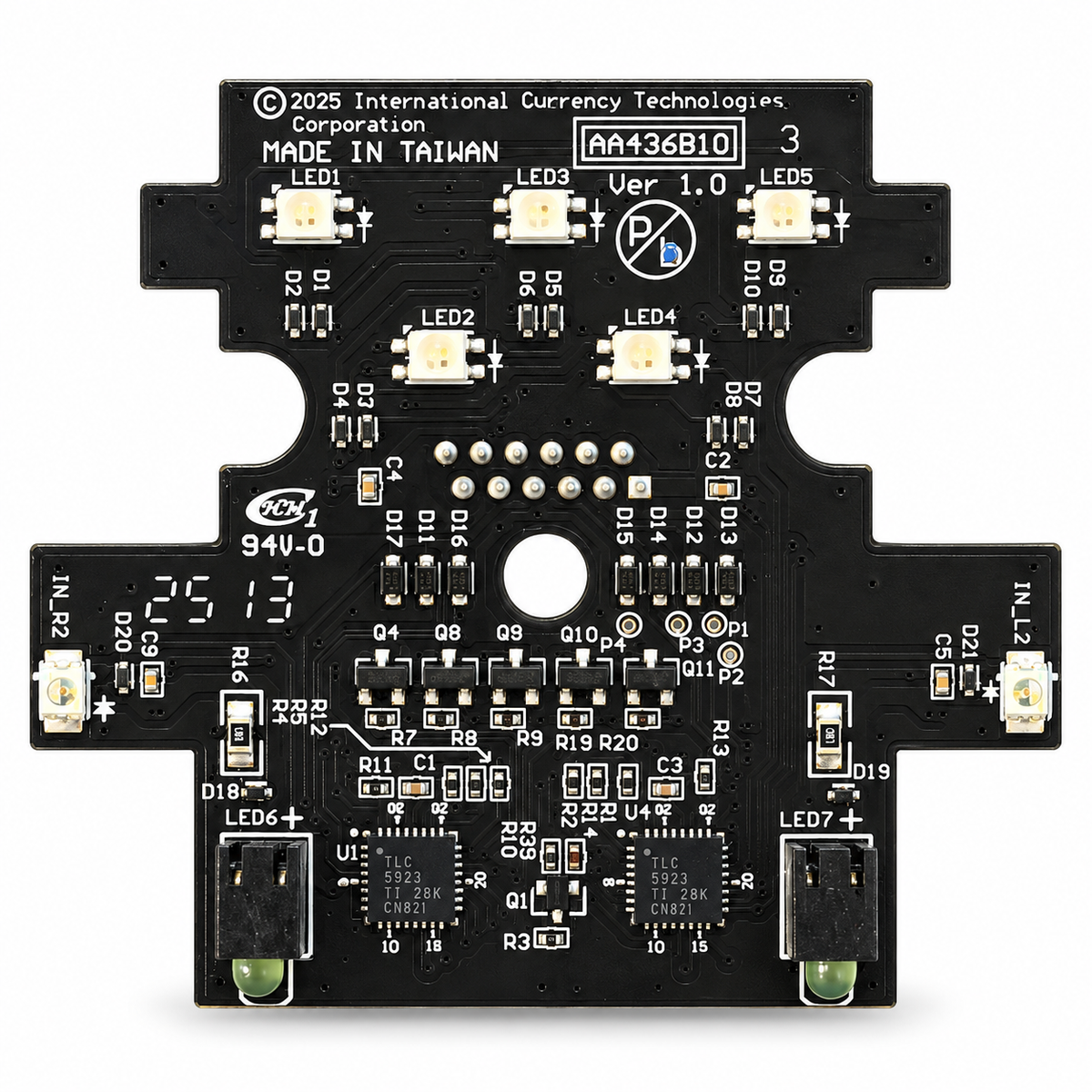 ICT AA436B## A6E / V6E sensor board, black circuit board with five surface-mount LEDs, two green LEDs, IN_L2/IN_R2 edge sensors and two TLC5923 LED driver chips