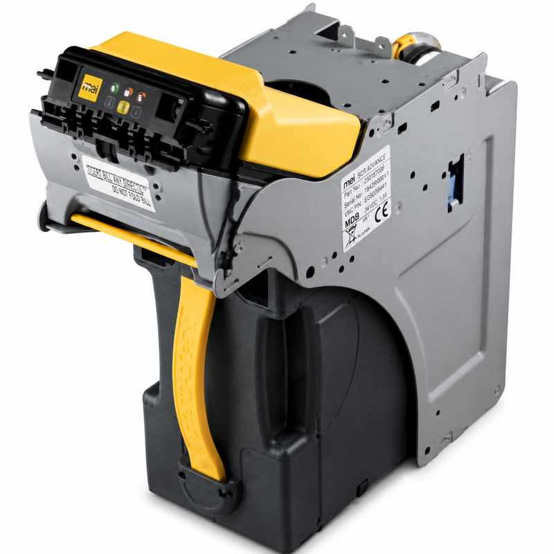 MEI SCNM8327R RS232 Enhanced SC Advance Note Validator, angled view of the validator head, bezel and cashbox